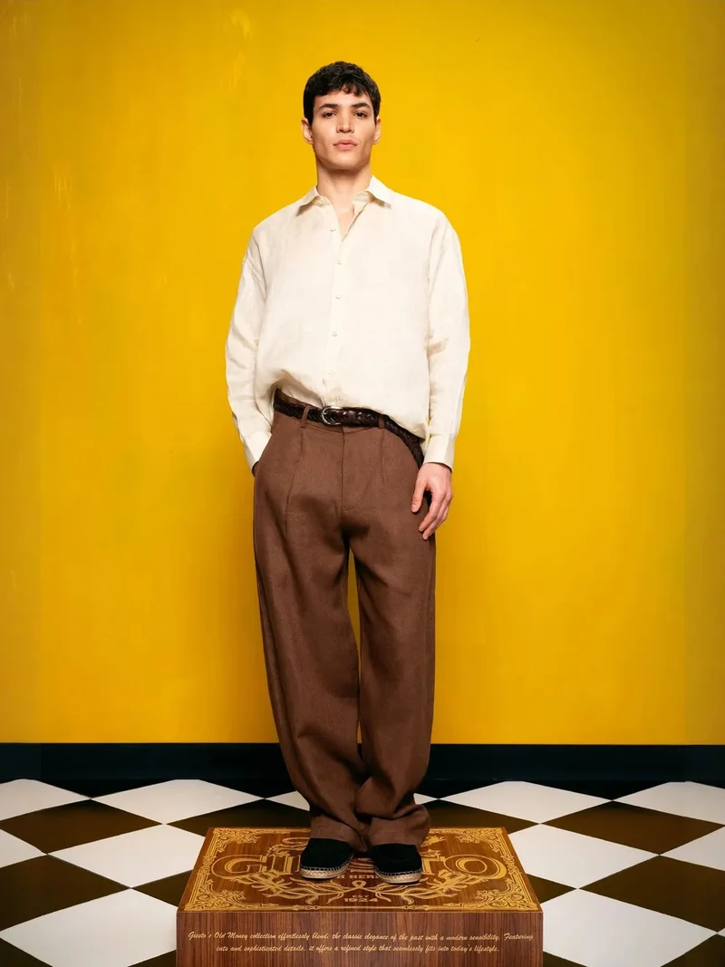 Giesto Beaver Brown GIESTO Pleated Linen Straight Leg Pants for Men | Best Price UAE